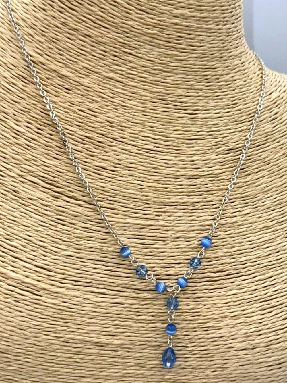 Blue Beaded Y Necklace Silver Tone Chain Drop Necklace